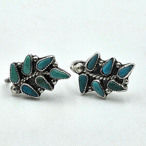 Vintage Sterling Silver Turquoise Teardrop Cluster Screw Back Earrings Southwest